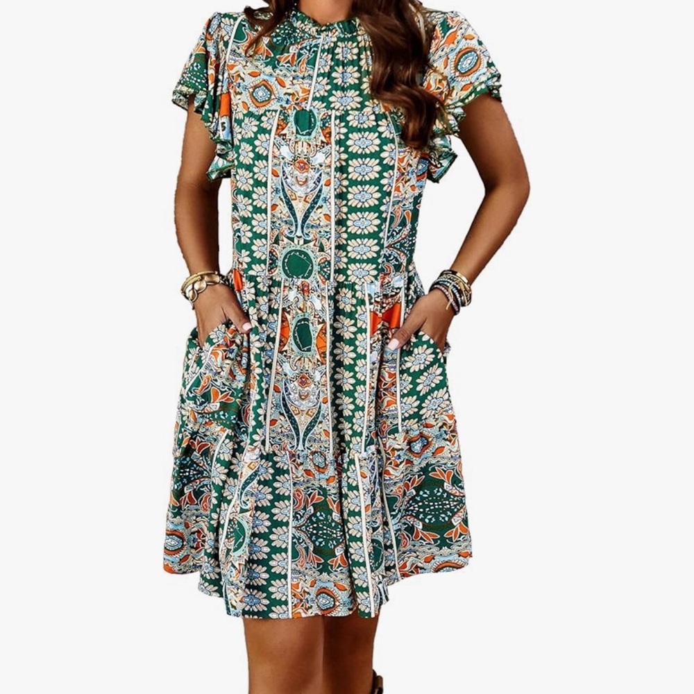 Green Boho Floral Tiered Mini Dress with Pockets Flutter Sleeve S